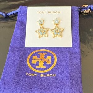 Tory Burch Gold Star Drop Earrings with Light Blue Enamel